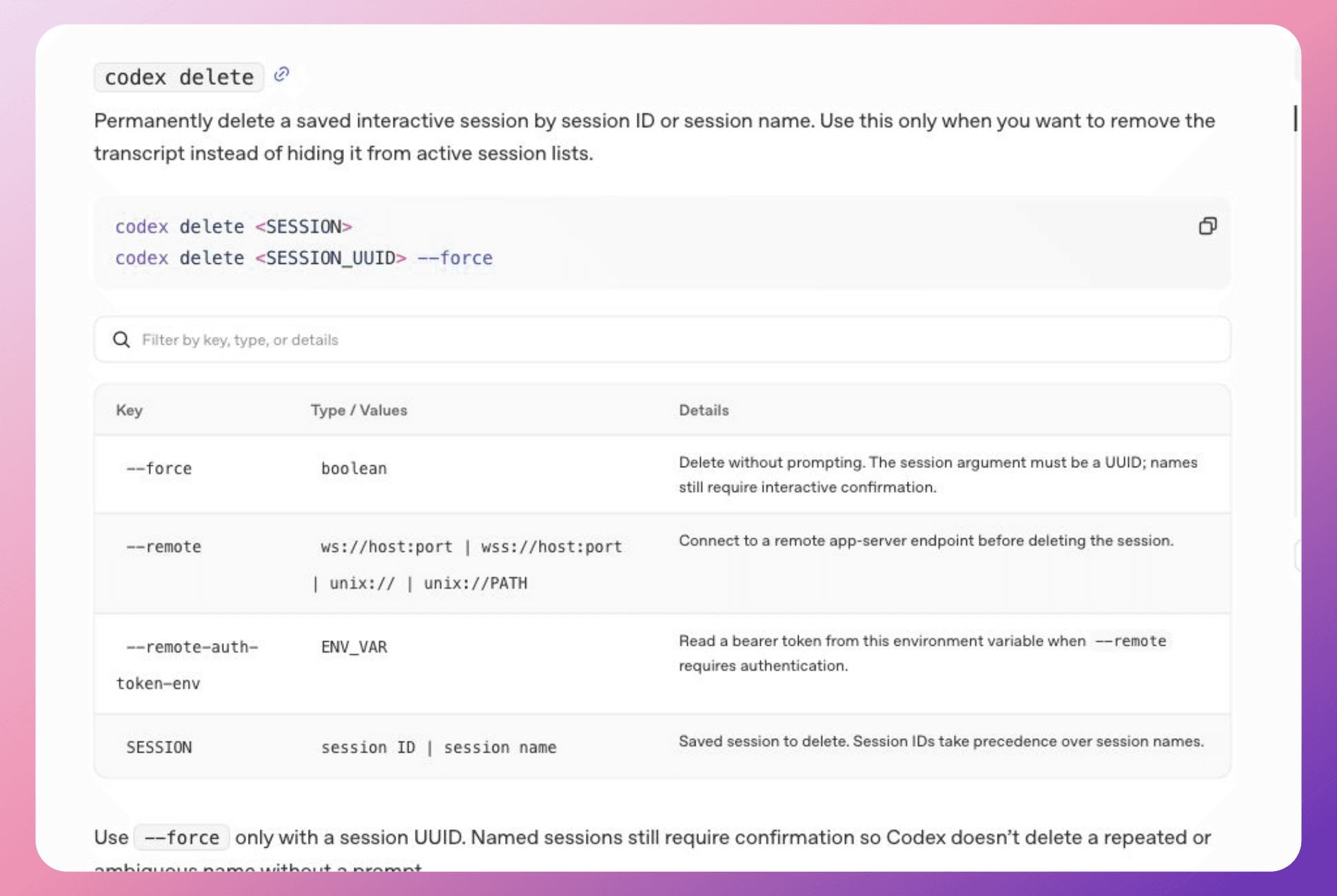 OpenAI 文档中 codex delete 的说明
