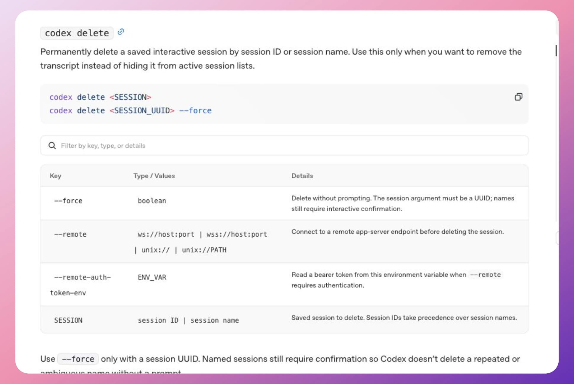OpenAI 文档中 codex delete 的说明