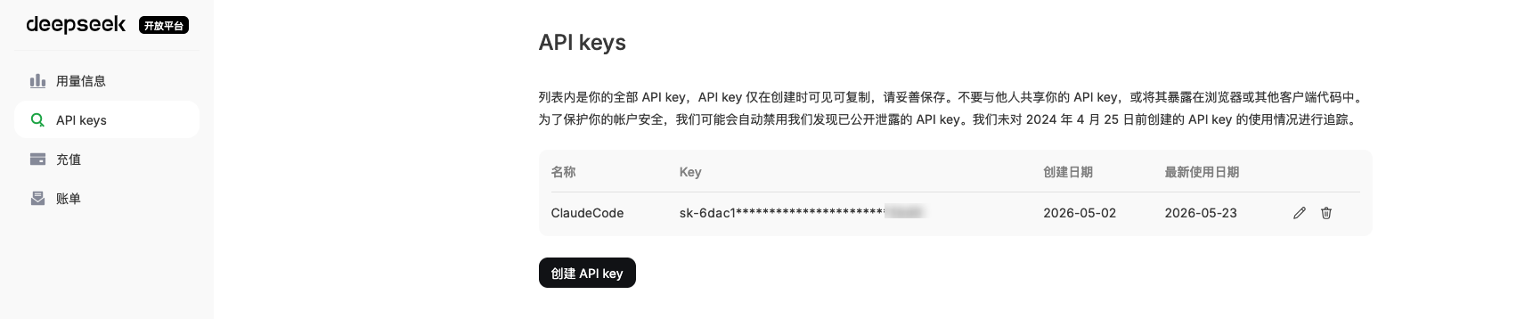 DeepSeek API Key 创建页面