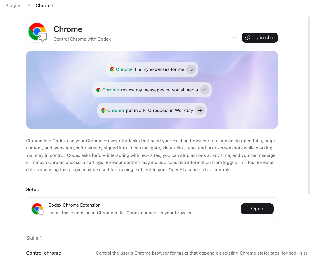 在 Codex 中打开 Chrome 插件